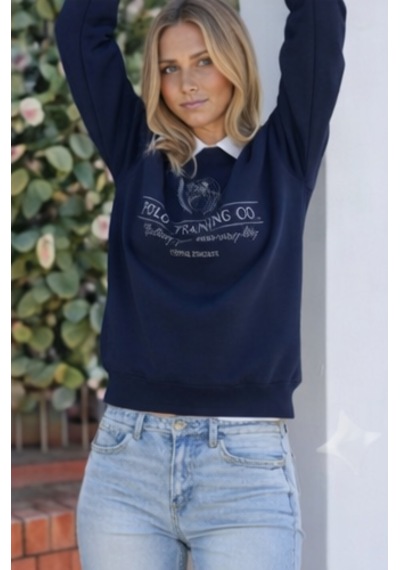 Modeva Global Kolej Yaka Detaylı Polo Baskılı Kadın Lacivert Sweatshirt Lacivert