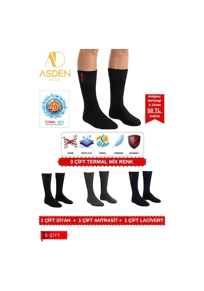 Asden 6 Çift Termal Erkek Çorap Ekstra Kalın Havlu Premium Pamuklu Burun Dikişsiz Kısa Konç Siyah Mix3