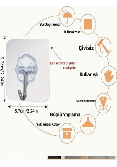 5 Li Çivisiz Güçlü Yapışkanlı Şeffaf Duvar Askısı Su Geçirmez Ve İz Bırakmaz Kanca Plastik Çok Ren Diğer