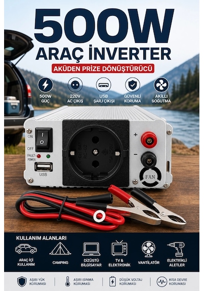 Bay 500w 12v Dc 220v Ac İnverter Usb Çıkışlı Fanlı Akü Güç Dönüştürücü Araç Kullanımı Najmaddin