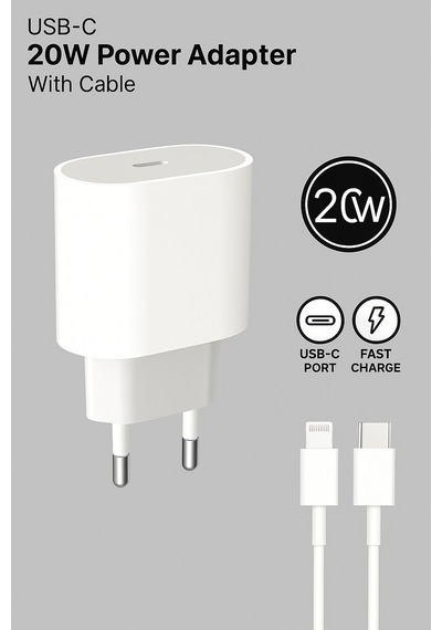 Ferro W20 Apple Uyumlu iPhone Tüm Modeller İçin Hızlı Şarj Aleti Set 20w Adaptör & Usb-c Kablo