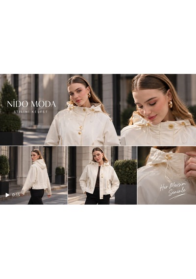 Nido Moda Kadın Ekru Kapüşonlu Büzgü Detaylı Yağmurluk Su