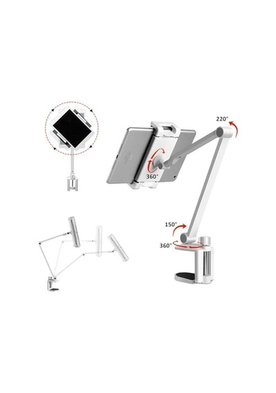 Alüminyum Uzun Kollu Ayarlanabilir Tablet Standı, 360 Derece Döndürülebilir, İphone/ipad/ipad Mini/ipad Pro 12,9 İnç Herhangi Bir Telefon/tablet 4-13 İnç, Ev, Ofis, Mutfak Ve Yatak Kullanımına Uygun