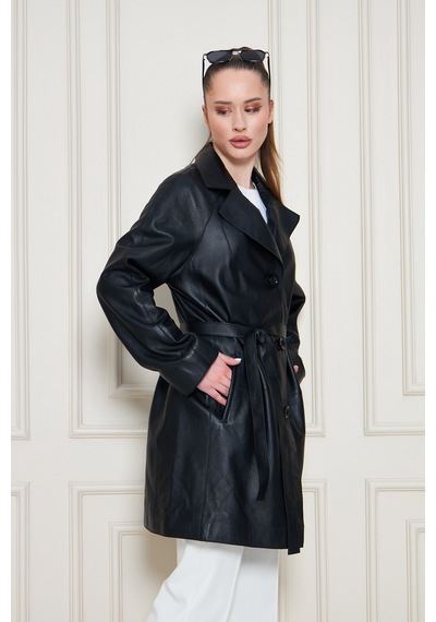 M M Marki Marki Kadın Hakiki Deri Trençkot Siyah, V Yaka, Kuşaklı, Düğme Kapamalı, Oversize, 90 Cm - 117122