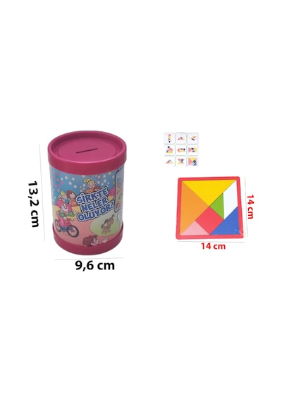 90 Parça Yapbozlu Kumbara Puzzle + 7 Parça Kalın Ahşap Orta Boy Tangram