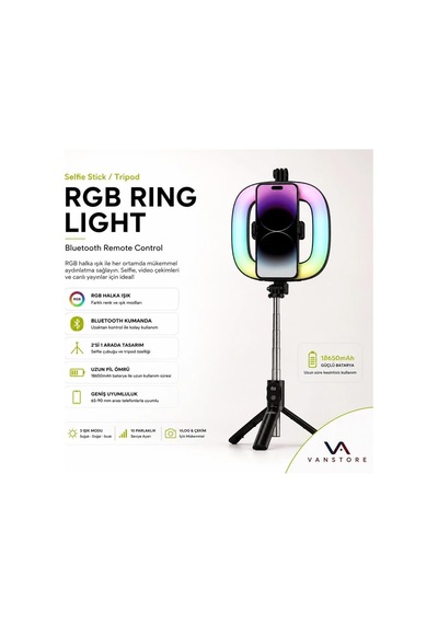 Blv31 Rgb Ring Light Selfie Çubuğu Ve Tripod 78.5 Cm Bluetooth Kumandalı Işıklı Telefon Tutucu, Tiktok Ve Canlı Yayın Seti