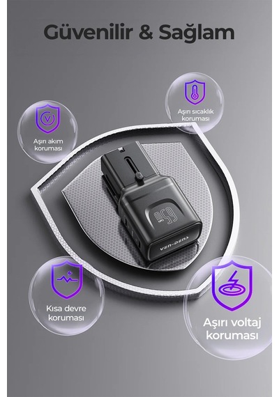 Ven-dens Vd-ta003 65 W Pd Pps 4 Ü 1 Arada Seyahat Adaptörü, 2 Usb-c Ve 1 Usb-a Port, Abd, Siyah