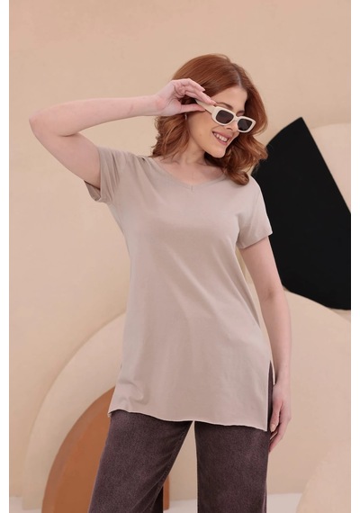 Bbbutikbasic Yırtmaçlı Uzun Basic Tişort Hkn34 Bej