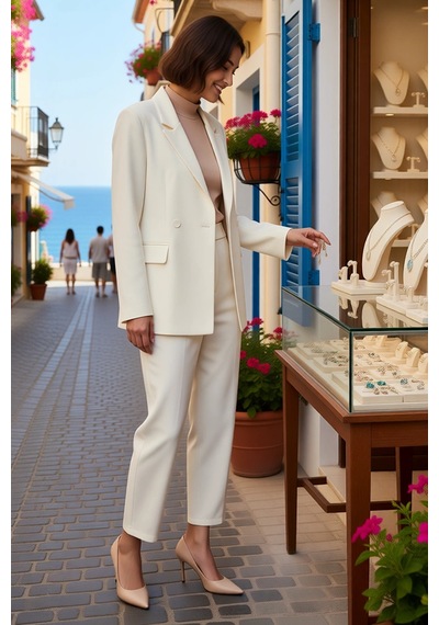 Benerly Kadın Büyük Beden Ceket Yaka Uzun Kollu Dokuma Blazer Pantolon Ta Krem