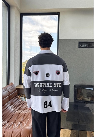 Yazılı Çizgili Polo Yaka Sweatshirt Siyah Siyah