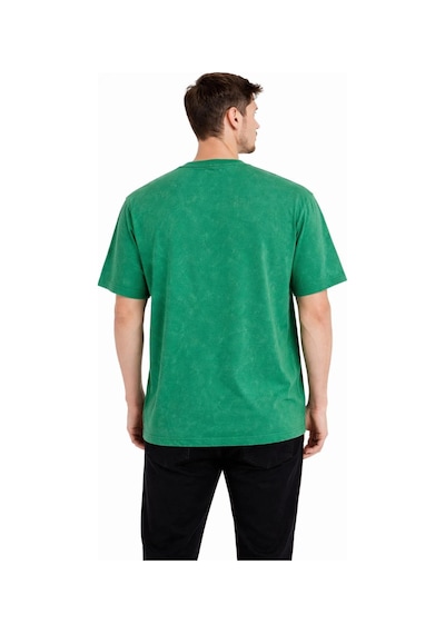 Erkek Asit Yıkama Bisiklet Yaka Kısa Kollu Oversize T-shirt Tişört - Yeşil Çok Renkli