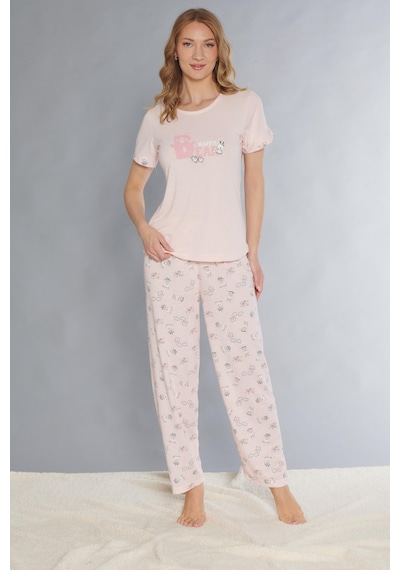 Dowry Kısa Kol Pijama Takım Sevimli Desenli Yazlık Viskon Pijama Dowry 08-127 Pembe