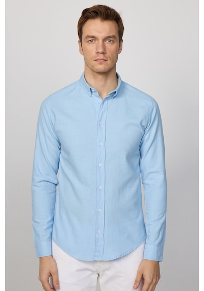 Tudors Slim Fit Uzun Kol Biyeli Yaka Düğmeli Keten Mavi Erkek Gömlek-28745-mavi Mavi