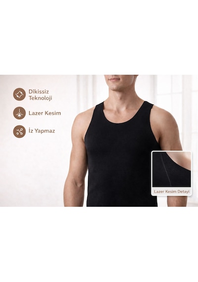Qulat Berrak Erkek Lazer Kesim Görünmez Dikişsiz Atlet %85 Pamuk %15 Elastan Slim Fit İz Yapmaz/ 2 Adet Siyah
