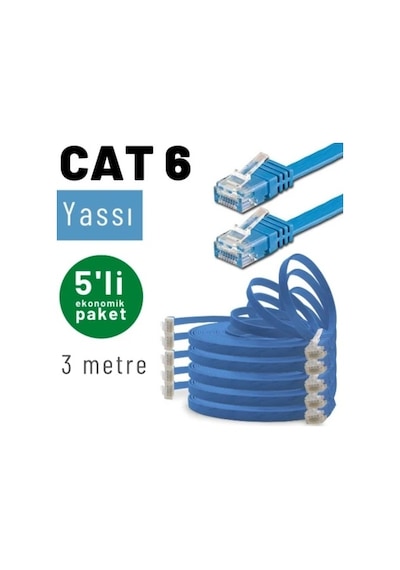 Irenıs 5 Adet 3 Metre Mavi Cat6 Kablo Yassı Ethernet Network Lan Ağ İnternet Kablosu