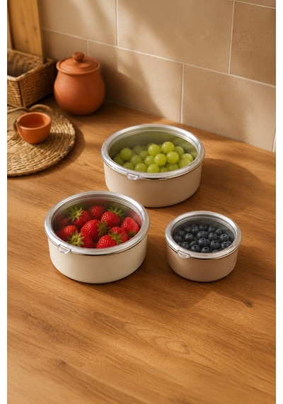 Bambum Lumino 3 Lü Emaye Saklama Kabı Bej B7689 300+700+1000ml
