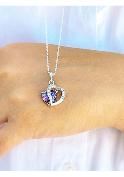 Brezza Lusso Jewelry Gümüş Kolye Ametist Taşı Kalp Kadın Kolye 45 CM