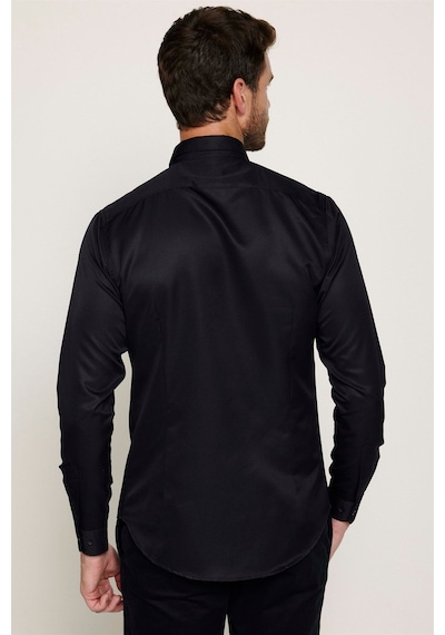 Tudors Slim Fit Uzun Kollu Kolay Ütü Teri Emen Nefes Alan Doku Kravatlık Dört Mevsim Erkek Gömlek Siyah