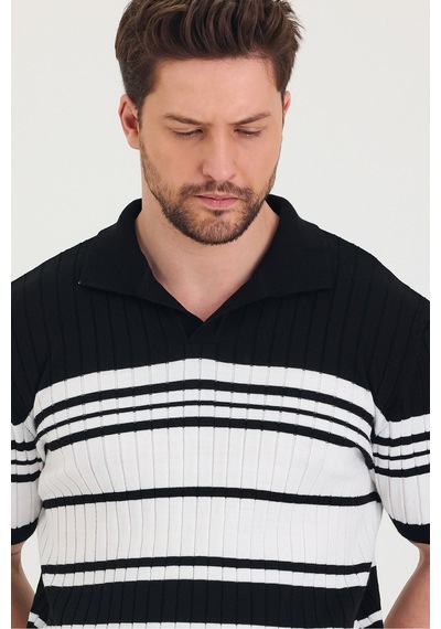 Cool Tarz Erkek Polo Siyah Beyaz Çizgi Detaylı Triko T-shirt Siyah Siyah