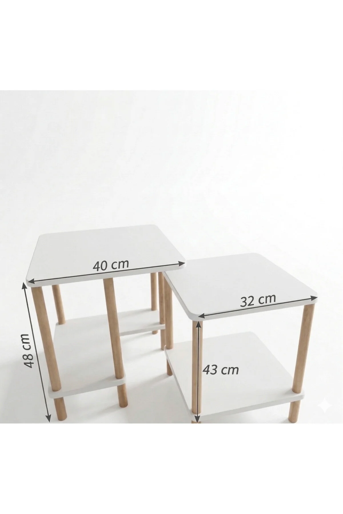 Modern Minimal Tasarım Yan Sehpa Dekoratif Ahşap Zigon Sehpa 2li Set 40 50cm Beyaz