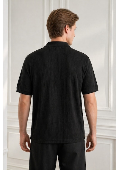 Tarz Cool Erkek Jakar Desenli Düğmesiz Polo Yaka Tişört Slim Fit Yazlık Triko Tişört Siyah