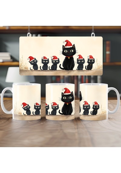 Yeni Yıl Temalı Siyah Kedi Desenli Kupa Bardak Noel Şapkalı Kediler Tasarımı - Yılbaşı Hediye Beyaz