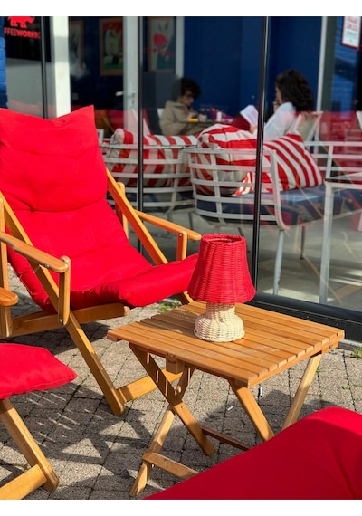 Kırmızı Rattan & Bambu Masa Üstü Kablosuz Pilli Abajur Alt- Üst Rattan Masa Lambası