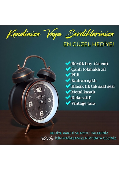 Upway Çanlı Tokmaklı Yüksek Zil Sesli Çalar Saat Vintage Tarz Metal Büyük Boy Siyah