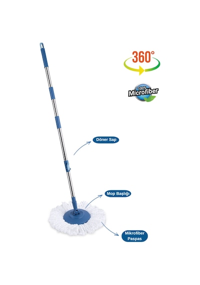Flora Balerina Döner Başlıklı Mop Sap Seti F181, Saplı Başlıklı Mikrofiber Temizlik Paspası Mavi