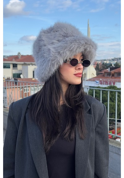 Mollycrush Suni Kürk Bucket Kalpak Şapka Peluş Kışlık Luxury Gri Kadın Şapkası Gri