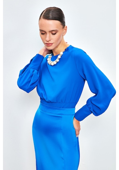 Sateen Kolye Detaylı Crop Bluz - Sax Mavi