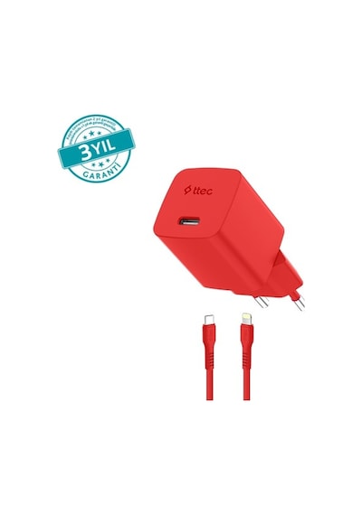 Ttec Smartcharger Gan 20w Pd Seyahat Hızlı Şarj Aleti + Usb-c Lightning 120cm Kablo Neon Kırmızı