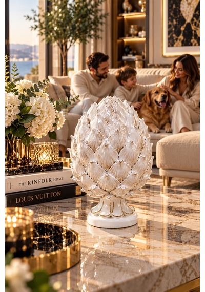 Beyaz Gold Detaylı Dekoratif Enginar Biblo 30 Cm Lüks Salon Ve Ofis Aksesuarı