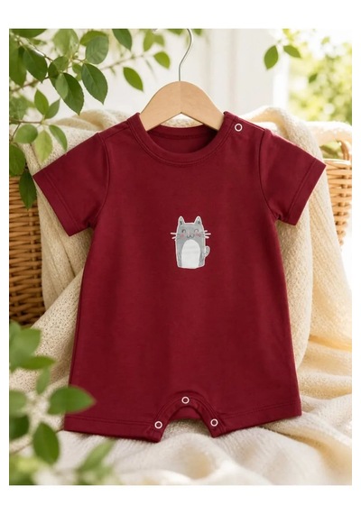 Ferasty İstanbul Unisex Bebek Tulum Kedi Desenli Kırmızı