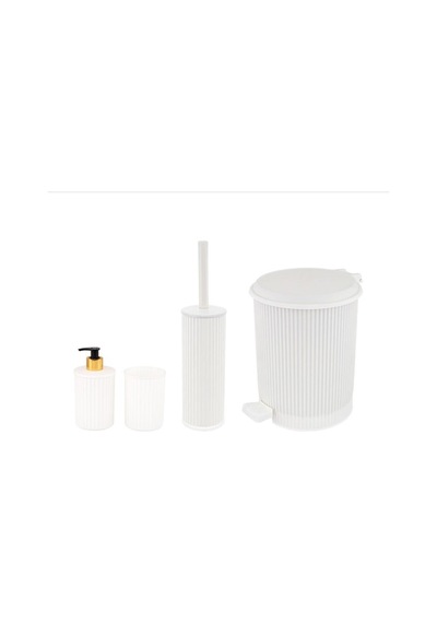 Omnipazar Elf-n522 Nostalji 4'lü Çöp Kovalı Wc Fırçalı Banyo Seti Beyaz Beyaz