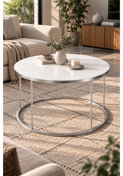 Sulorahome Gümüş Ayaklı Beyaz Yuvarlak Orta Sehpa