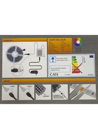 Cata Ct 4557 Rgb Şerit Led Seti 5 Mt Rgb Led 3 Renk Trafo Rgb Kumanda Aydnltmdnym Ct 4557 Diğer