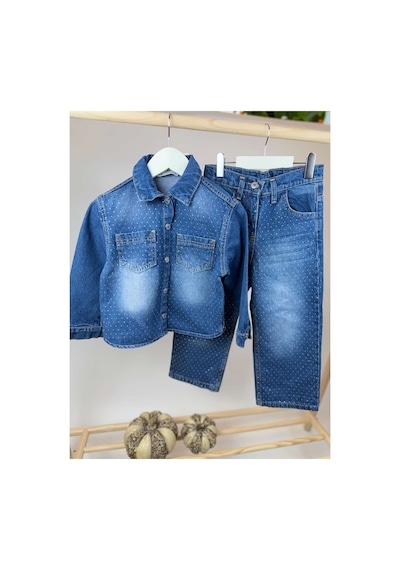 Poala Kids Taşlı Kot Takım İndigo