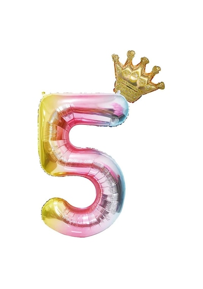5 Yaş Gökkuşağı Rakam ve Kral Tacı Folyo Balon Doğum Günü Parti K