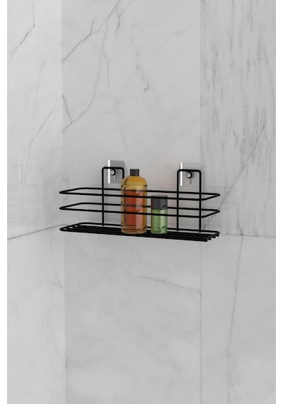 Eva Metal Tasarim Banyo Düzenleyici Şampuanlık Sabunluk Yapışkanlı Banyo Rafı Mat Siyah Duş Rafı Organizer Siyah