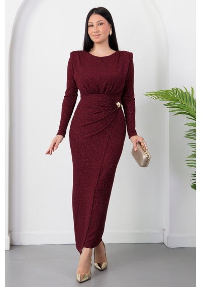 Kalopya Oval Yaka Uzun Kol Simli Elbise Grs4155 Bordo