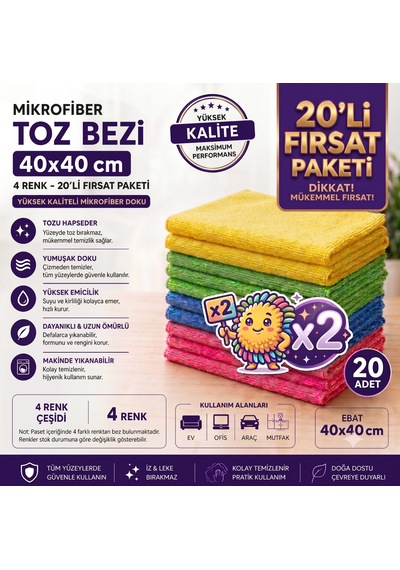 20'li Mikrofiber Temizlik Bezi Seti 40 40cm Karışık