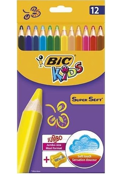 Bic Kids Supersoft Yumuşak Kuru Boya Kalemi 12 Renk + Jumbo Kalemtraş