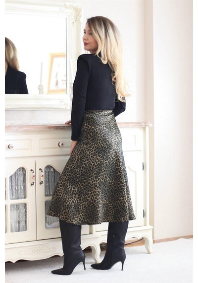 Ritnice Kadın Yeşil Leopar Midi Saten Etek