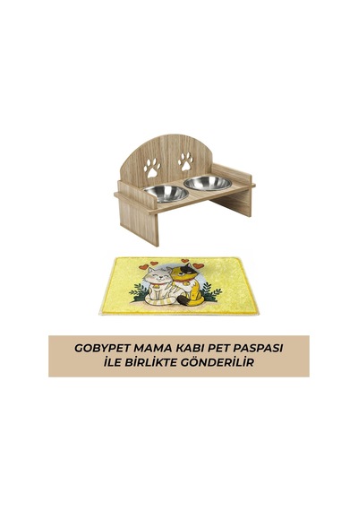Gobypet Ahşap Kedi Mama Ve Su Kabı İle Paspası, Çift Hazneli Metal Mama Ve Su Kabı, Çift Hazneli Köpek Mama Kabı