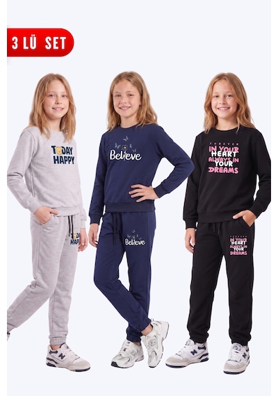 Panios Kids Kız Çocuk 3'lü Baskılı Bisiklet Yaka Çift Cepli Eşofman Takımı Gri-lacivert-siyah Panios Kids Kız Çocuk 3'lü Baskılı Bisiklet Yaka Çift Cepli Eşofman Takımı Gri-lacivert-siyah