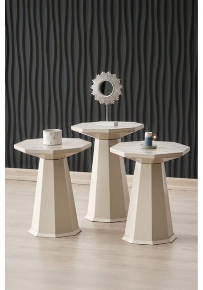 Elegance 3'lü Sehpa, Yan Sehpa, Zigon Sehpa -bej & Soho Bej Renk Desenli Renk Tabla Bej Renk Gövde & Soho Bej Desenli Renk Tabla