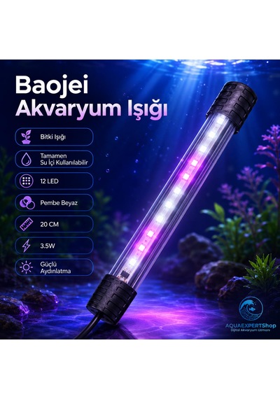 Akvaryum Işığı - Bitki Işığı - Balık Işığı - Tamamen Su İçinde Kullanılabilir - 12 Led - Pembe Beyaz - 20 Cm - Güçlü Aydınlatma - 3.5w