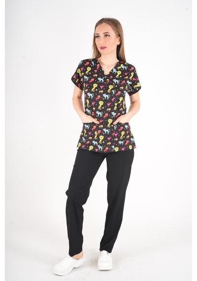 Unisex Cool Cats Club Desenli Doktor Hemşire Hastane Aşçı Mutfak Scrubs Üniforma Takım Siyah