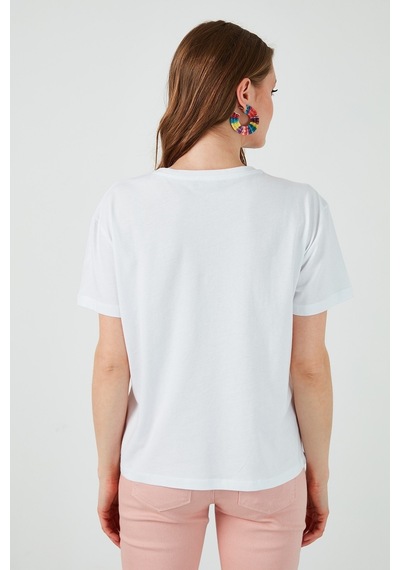 Unisex Örme Oversize Pink Woswos Basklı Beyaz T-shirt. Beyaz